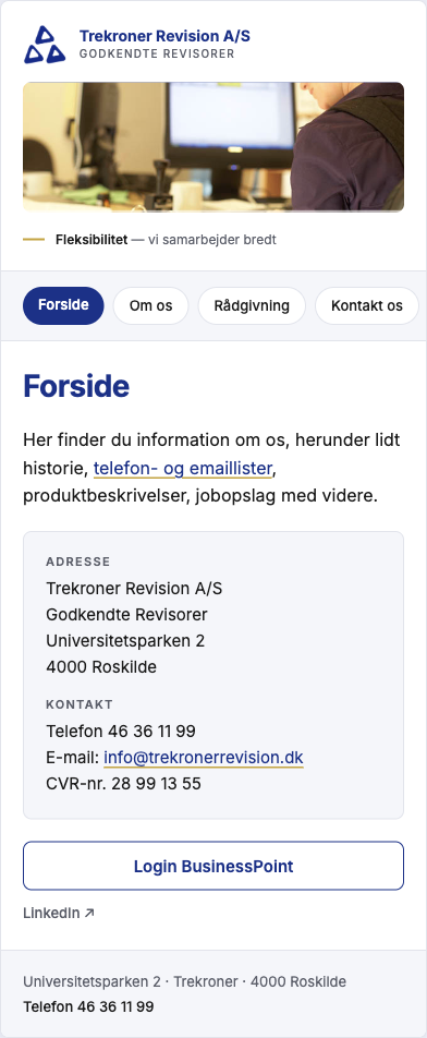 Forside i det nye design, set på mobil