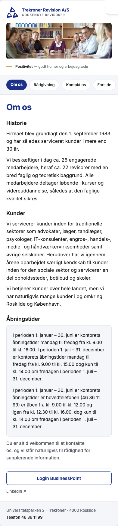 Om os i det nye design, set på mobil
