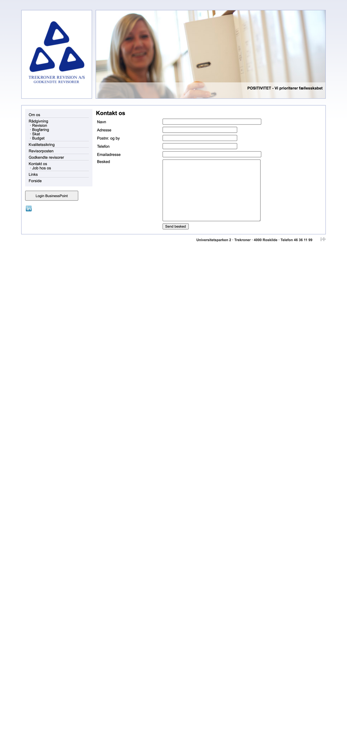 Trekroner Revisions Kontakt os-side i dag, set på mobil